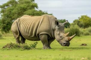 AI generated White Rhino grazing. AI Generated photo