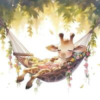AI generated A sleepy baby giraffe in a hammock. watercolor illustration. AI Generated photo