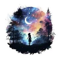ai generado bosque Luna silueta con hada brillante en el noche cielo en un blanco antecedentes. ai generado foto