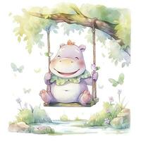 AI generated Cute happy baby rhino on swings in the tree in watercolor style. AI Generated photo