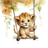 AI generated Cute happy baby lion on swings attached to the tree in watercolor style. AI Generated photo