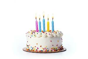 AI generated Colourful birthday cake with candles isolated on white background. AI Generated photo