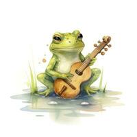 AI generated Watercolor green frog playing a tiny musical instrument on white background. AI Generated photo