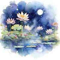 AI generated Floral Moon and Water Lilies on a white background. AI Generated photo