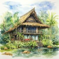 AI generated A watercolored bright serene image of a traditional bahay kubo. AI Generated photo