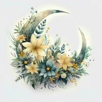 AI generated Watercolor floral Moon with greenery on a white background. AI Generated photo