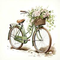 AI generated Watercolor bicycle with flowers in the basket isolated on white background.  AI Generated photo