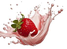 AI generated milk or yogurt splash with strawberries isolated on white background, 3d rendering. AI Generated photo