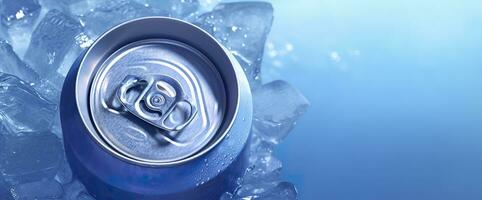 AI generated Top of drink tin can iced submerged in frost ice, metal aluminum beverage. Generative AI photo