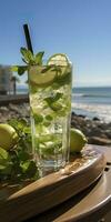 AI generated Stunning photo of cocktail mojito, a sunny summer beach in the background. Generative AI