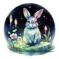 AI generated Watercolor Rabbit and Glowing Moon for T-shirt Design. AI Generated photo