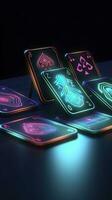 AI generated Some playing cards with glowing neon designs on a tablet. Generative AI photo