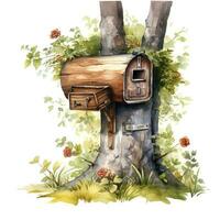 AI generated Watercolor mailbox in a tree on a white background. AI Generated photo