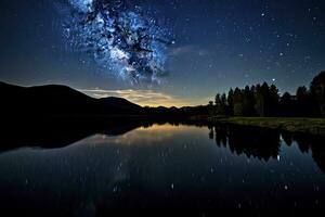 ai generado lechoso camino reflejado en lago. ai generado foto