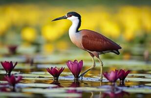 AI generated Colorful African wader with long toes next to violet water lily in water. Generative AI photo