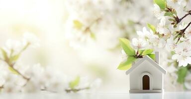 AI generated Toy house and cherry flowers, spring abstract natural background. Generative AI photo