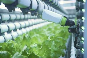 AI generated Automatic Agricultural Technology With Close-up View Of Robotic Arm Harvesting Lettuce In Vertical Hydroponic Plant. AI Generated photo