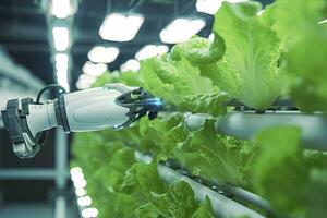 AI generated Automatic Agricultural Technology With Close-up View Of Robotic Arm Harvesting Lettuce In Vertical Hydroponic Plant. AI Generated photo