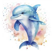 AI generated Watercolor fantasy Baby Dolphin clip art isolated white background. AI Generated photo