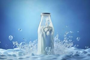 AI generated A glass bottle with full milk on blue background. AI Generated photo