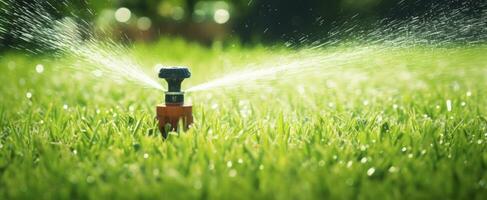 AI generated Automatic garden lawn sprinkler in action watering grass. AI Generated photo