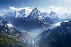 AI generated The beauty of a majestic and snow capped mountain range, with rugged peaks, AI Generative photo