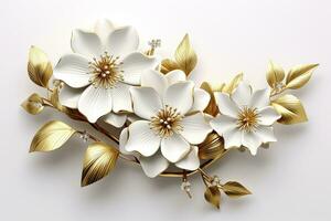 AI generated 3d gold flowers white backgroung. AI Generated photo