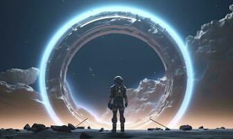 AI generated Astronaut in front of dimensional portal.  AI Generated. photo
