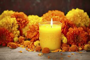 AI generated Candles and marigold flowers. Day of the dead concept dia de los muertos. AI Generated photo