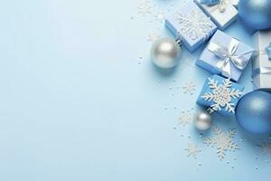 ai generado Navidad víspera concepto. parte superior ver foto de azul y plata adornos copo de nieve adornos elegante presente cajas y papel picado. ai generado