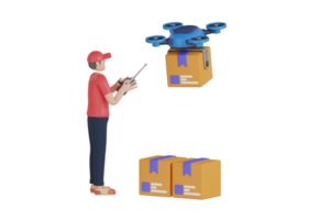 Drone delivery 3d illustration. Man doing Drone Delivery 3D Illustration. Delivery drone with the cardboard box flying over png