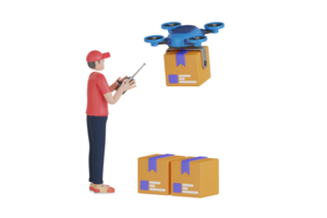 drone livraison 3d illustration. homme Faire drone livraison 3d illustration. livraison drone avec le papier carton boîte en volant plus de png