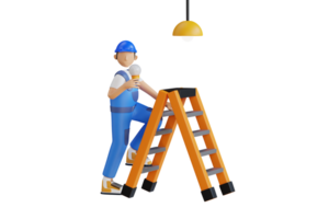 Electrician changes the broken lamp 3d illustration. Man changing light bulb in ceiling lamp while standing on stool. 3D Illustration png