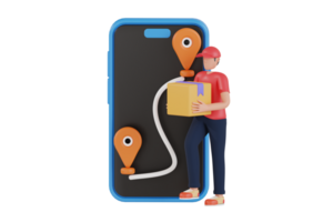 Online delivery on mobile application 3d illustration. Delivery man holding Parcel Box with mobile phone. 3d illustration png