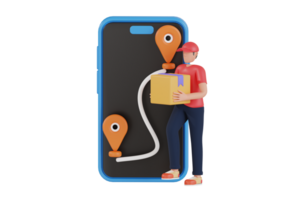 online Lieferung auf Handy, Mobiltelefon Anwendung 3d Illustration. Lieferung Mann halten Paket Box mit Handy, Mobiltelefon Telefon. 3d Illustration png