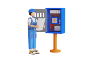 Electrician engineer checking circuit box 3D Illustration. Electrician engineer working with breaker and fuse box. png