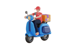 3D Illustration of delivery man riding a motorcycle with delivery box. Delivery man riding blue scooter 3d illustration png