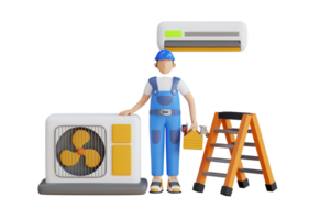 technician repairing air conditioner 3d illustration. technician installing or fixing home air conditioner. 3D Illustration png