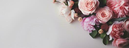 AI generated Fresh bunch of pink peonies and roses with copy space. AI Generated photo