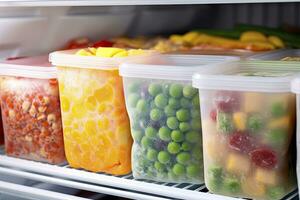 AI generated Frozen food in the freezer. Frozen vegetables. AI Generated photo