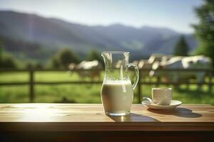 AI generated Glass pitcher with fresh milk on a wooden table. AI Generated photo