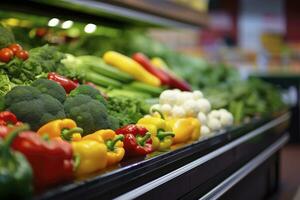 AI generated Fruits and vegetables on shop stand in supermarket grocery store. AI Generated photo