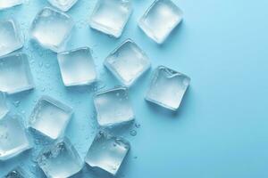 ai generado cubitos de hielo y gotas son aislado en el azul antecedentes con vacío espacio. ai generado foto