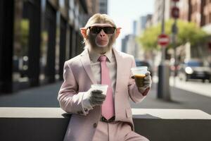 AI generated A Monkey is wearing sunglasses, suit and standing on street. AI Generated photo