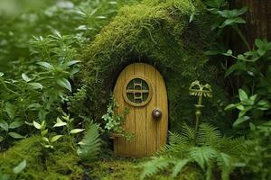 ai generado pequeño magia de madera hada puertas y plantas salir en un cubierto de musgo natural verde antecedentes. ai generado foto