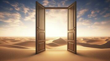 AI generated The opened door on the desert. Unknown and start up concept. AI Generated. photo