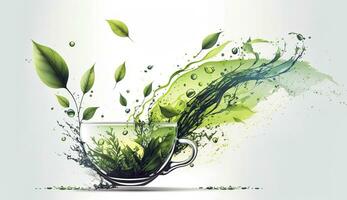 AI generated Green herbal tea wave splash with leaves flow. AI Generated photo