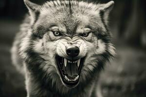 AI generated Greyscale closeup shot of an angry wolf with a blurred background. AI Generated photo