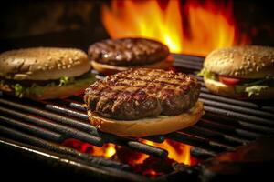 AI generated Hamburgers on the grill. AI Generated photo