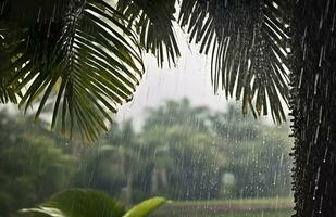 ai generado lluvia en el zona tropical durante el bajo temporada o monzón estación. gotas de lluvia en un jardín. generativo ai foto